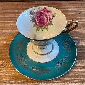 Iridescent Royal Halsey Very Fine Footed Tea Cup Saucer Gilded Rose Gold Trim LM